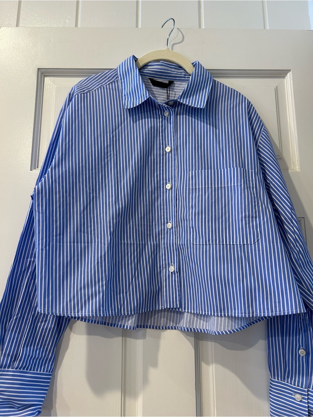 Zara NWT Blue Striped Button-Up Crop Shirt Size Large
